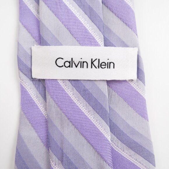 CALVIN KLEIN lavender purple silver stripe 100% silk skinny neck tie - Picture 2 of 7